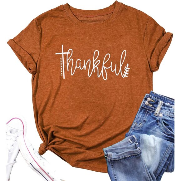 Plus Size Thanksgiving T-Shirt Women Thankful Letter Print Short Sleeve Casual - Picture 5 of 6